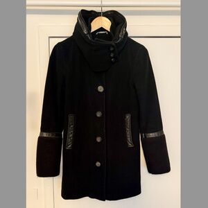 Mackage Women’s Wool Coat – Black, Size Medium – Leather Trim & Detachable Hood